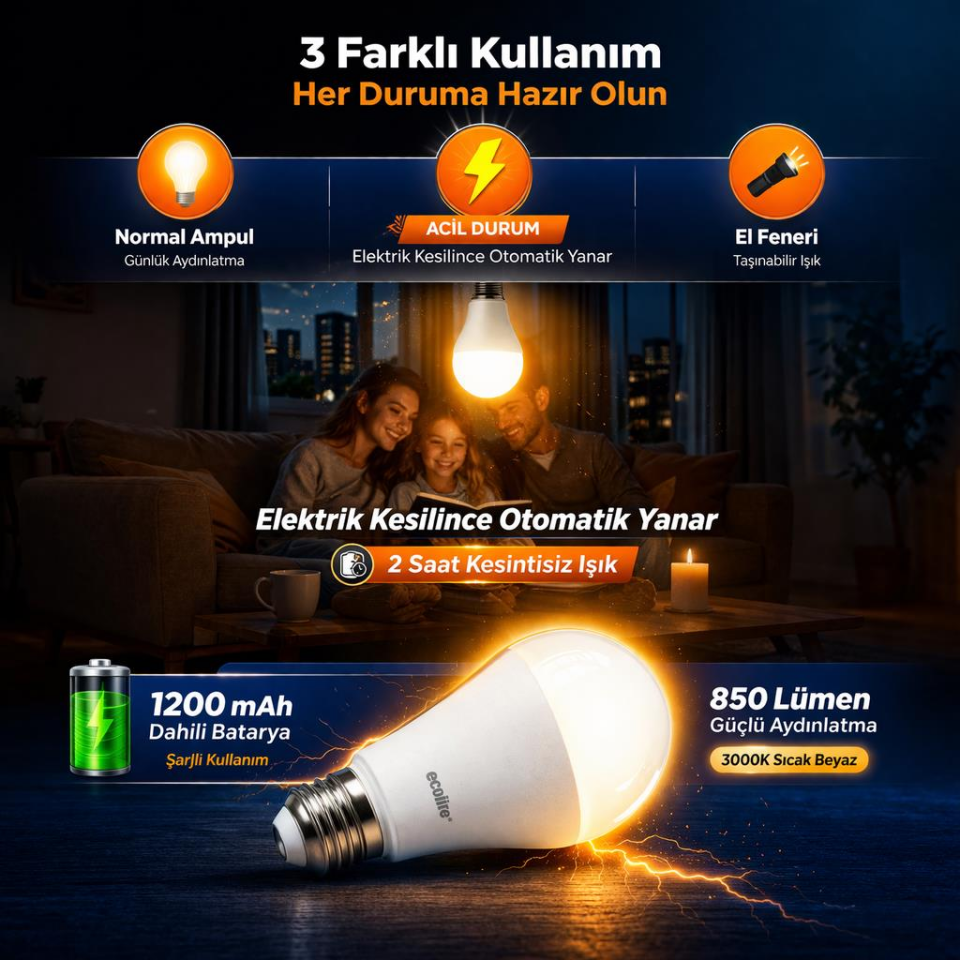 Ecolite 9W Şarjlı LED Ampul E27 – 850 Lümen 3000K Sarı Işık, 62W Eşdeğer, Acil Durum Ampulü, Elektrik Kesintisinde 2 Saat Aydınlatma