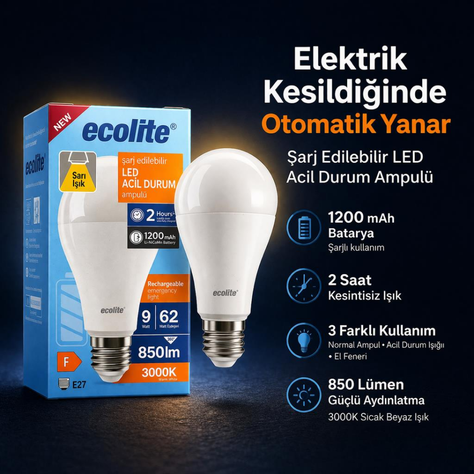 Ecolite 9W Şarjlı LED Ampul E27 – 850 Lümen 3000K Sarı Işık, 62W Eşdeğer, Acil Durum Ampulü, Elektrik Kesintisinde 2 Saat Aydınlatma