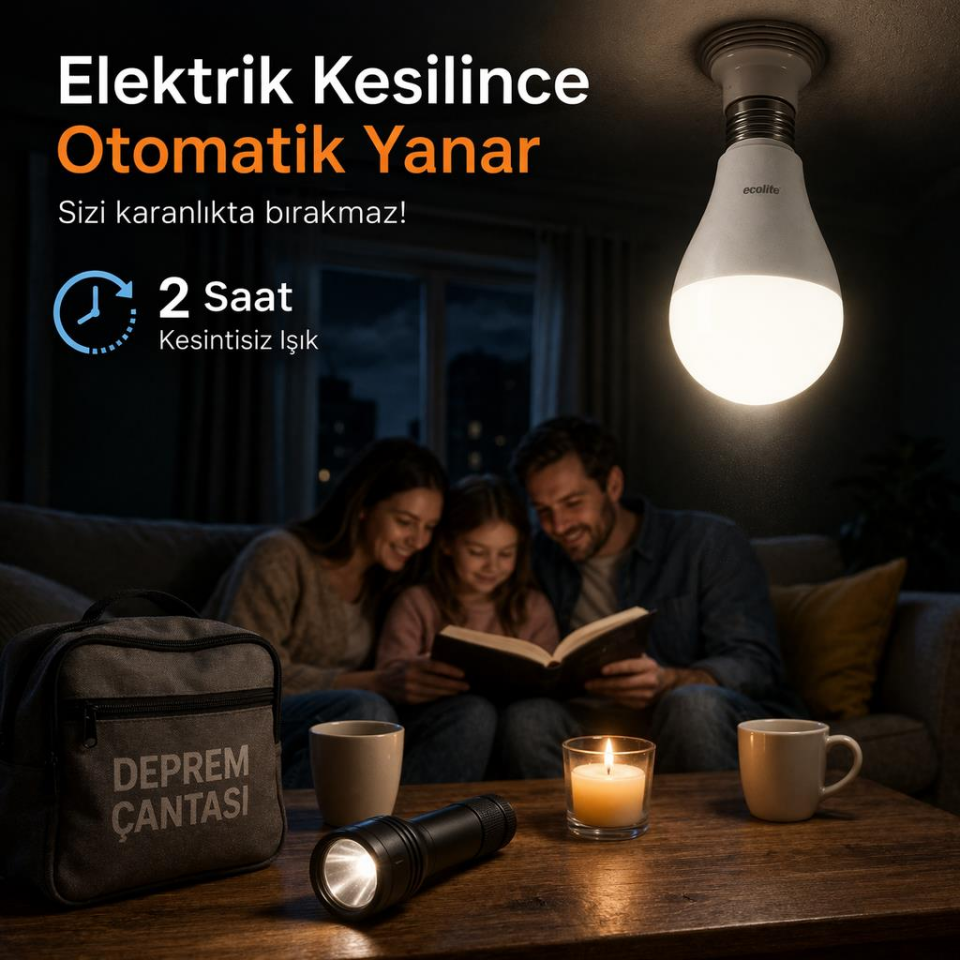 Ecolite 9W Şarjlı LED Ampul E27 – 850 Lümen 3000K Sarı Işık, 62W Eşdeğer, Acil Durum Ampulü, Elektrik Kesintisinde 2 Saat Aydınlatma