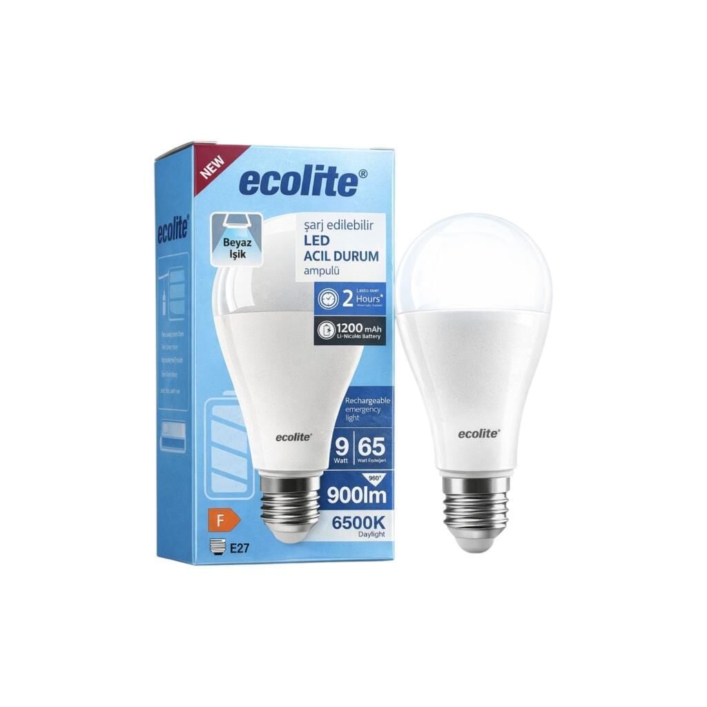 Ecolite 9W Şarjlı LED Ampul E27 – 900 Lümen 6500K Beyaz Işık, 65W Eşdeğer, Acil Durum Ampulü, Elektrik Kesintisinde 2 Saat Aydınlatma