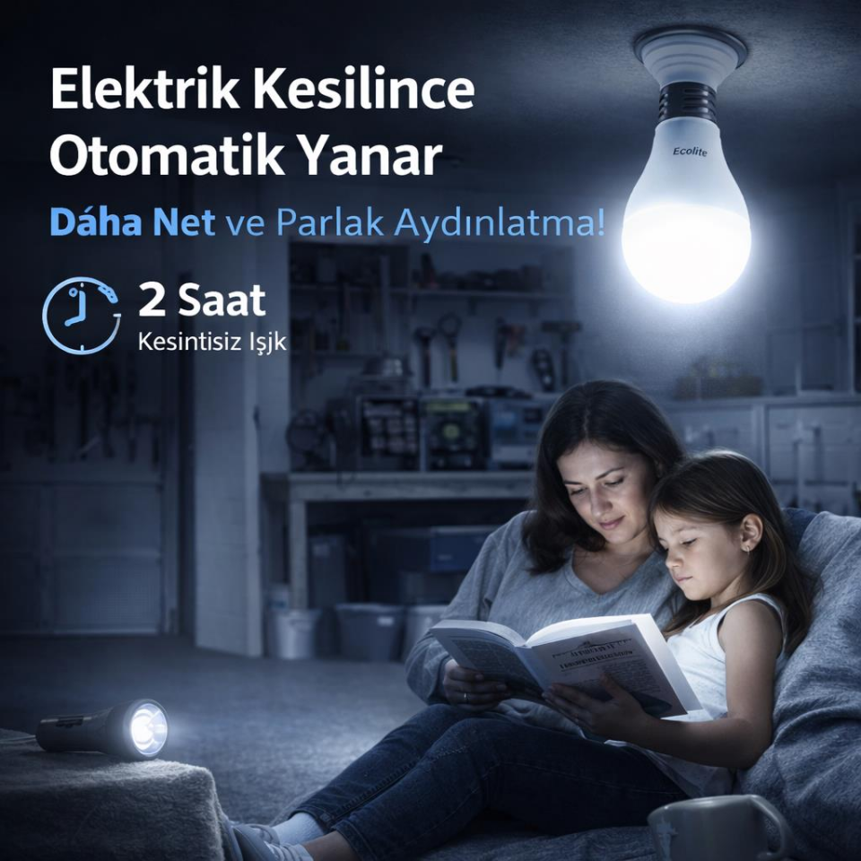 Ecolite 9W Şarjlı LED Ampul E27 – 900 Lümen 6500K Beyaz Işık, 65W Eşdeğer, Acil Durum Ampulü, Elektrik Kesintisinde 2 Saat Aydınlatma