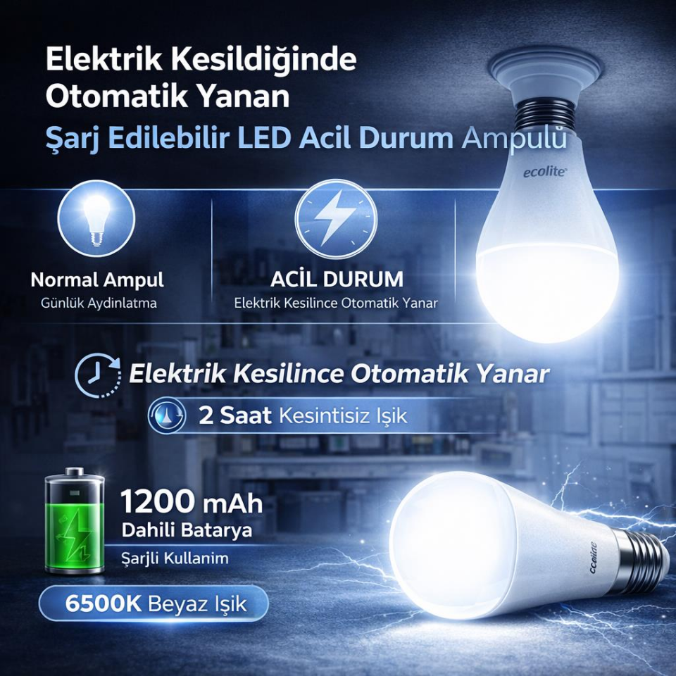 Ecolite 9W Şarjlı LED Ampul E27 – 900 Lümen 6500K Beyaz Işık, 65W Eşdeğer, Acil Durum Ampulü, Elektrik Kesintisinde 2 Saat Aydınlatma