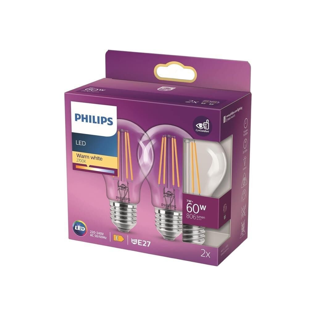 Philips LED Classic 7W (60W Eşdeğer) A60 Filament Ampul 2’li Paket, 806 Lümen, 2700K Sarı Işık, E27 Duy, Dim Edilemez