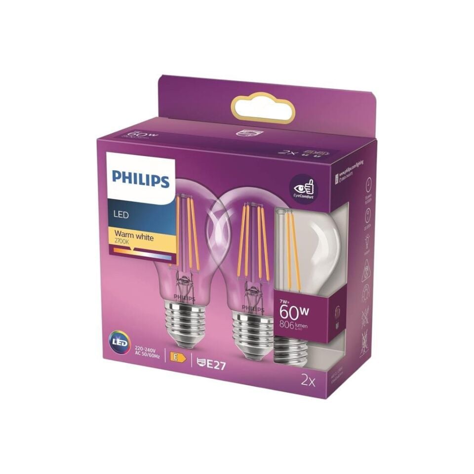 Philips LED Classic 7W (60W Eşdeğer) A60 Filament Ampul 2’li Paket, 806 Lümen, 2700K Sarı Işık, E27 Duy, Dim Edilemez