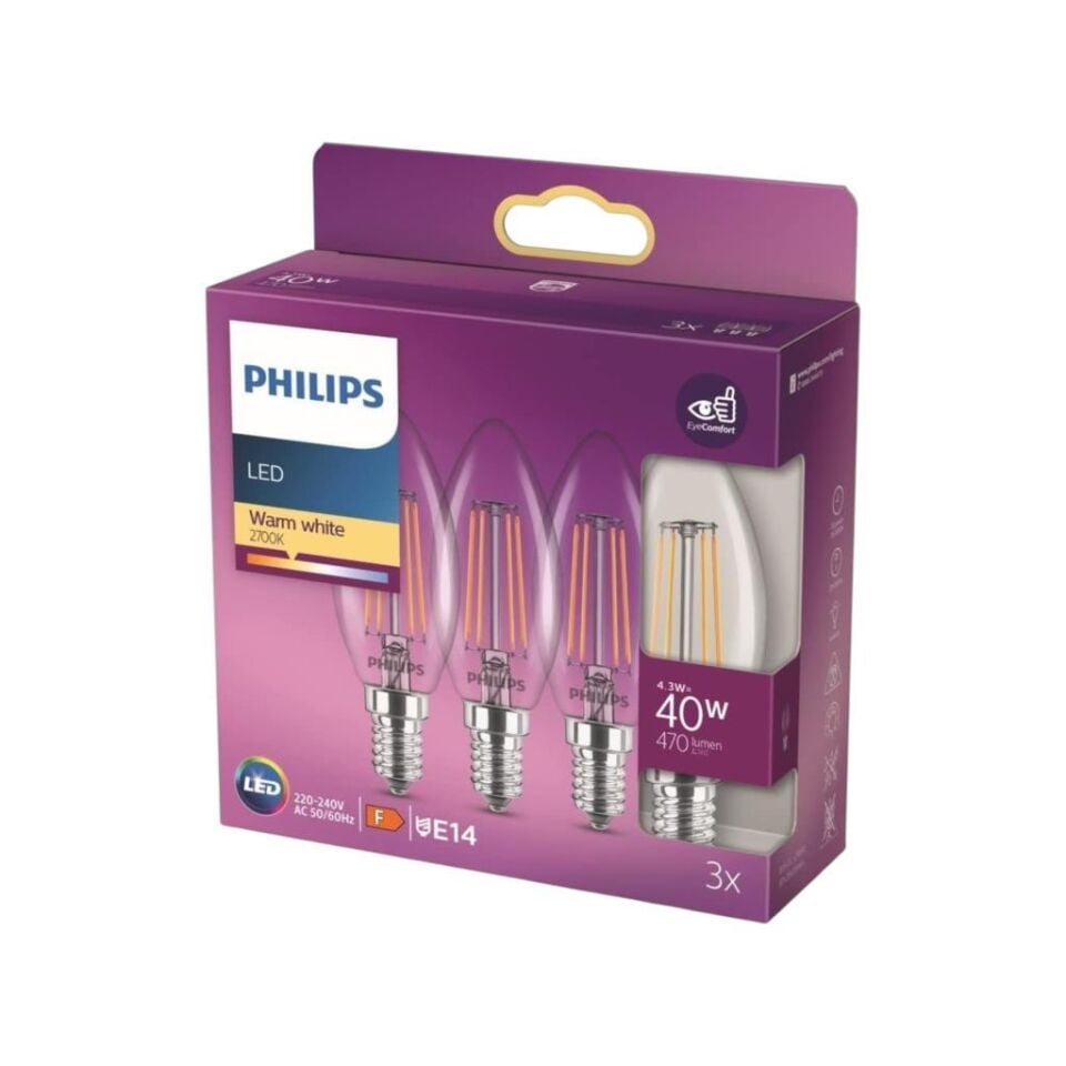 Philips LED Classic 4.3W (40W Eşdeğer) B35 Mum Filament Ampul 3’lü Paket, 2700K Sarı Işık, E14 İnce Duy, Dekoratif, Dim Edilemez