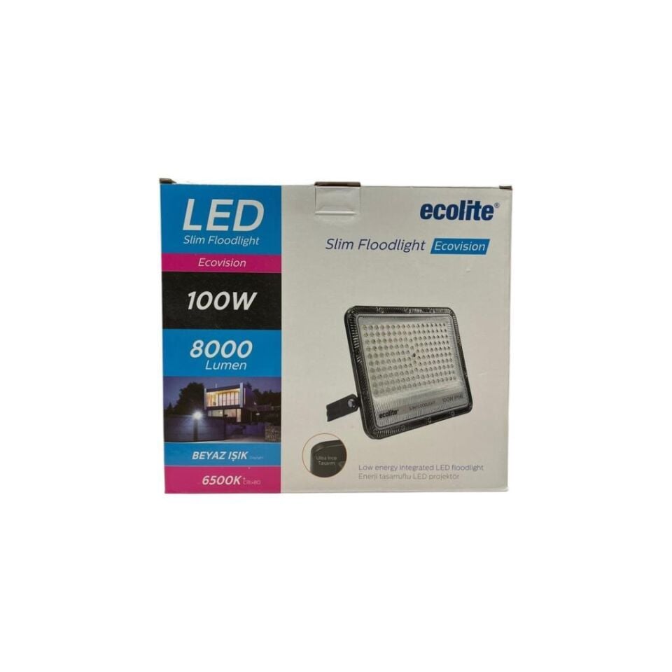 Ecolite 100W LED Projektör 8000 Lümen 6500K Beyaz Işık IP66 Su Geçirmez Dış Mekan Bahçe Duvar Aydınlatma 220V