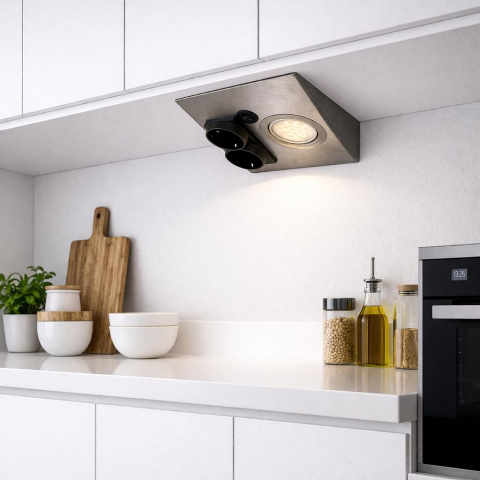 Tezgah Altı Prizli LED Aydınlatma Armatürü 3000K Sıcak Işık İnox Metal Kasa 220V Anahtarlı Çift Prizli Kompakt Tasarım