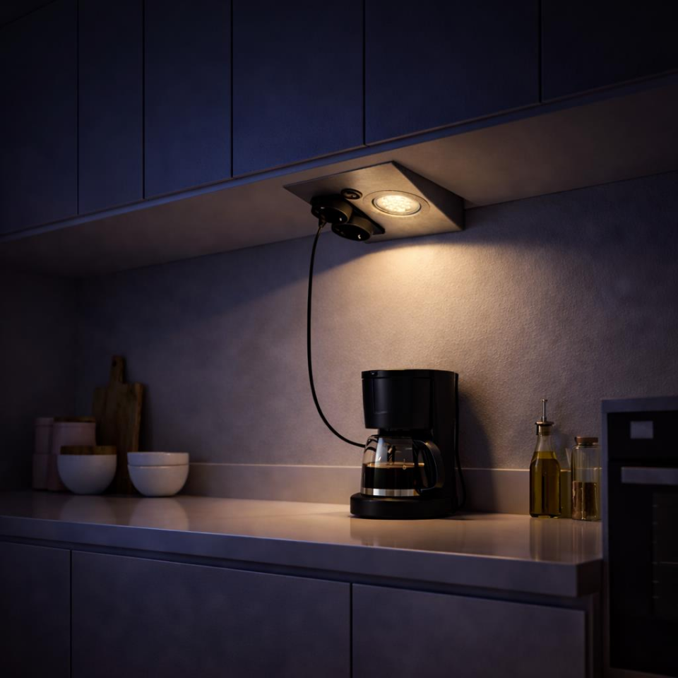 Tezgah Altı Prizli LED Aydınlatma Armatürü 3000K Sıcak Işık İnox Metal Kasa 220V Anahtarlı Çift Prizli Kompakt Tasarım