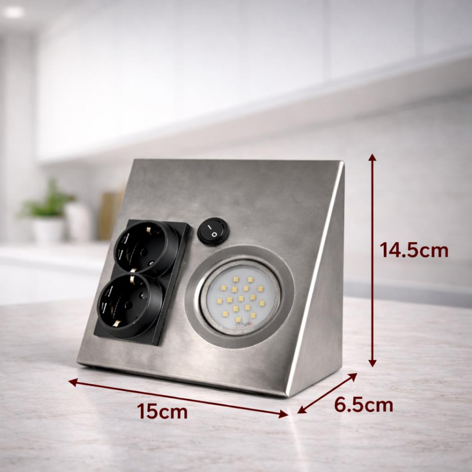 Tezgah Altı Prizli LED Aydınlatma Armatürü 3000K Sıcak Işık İnox Metal Kasa 220V Anahtarlı Çift Prizli Kompakt Tasarım