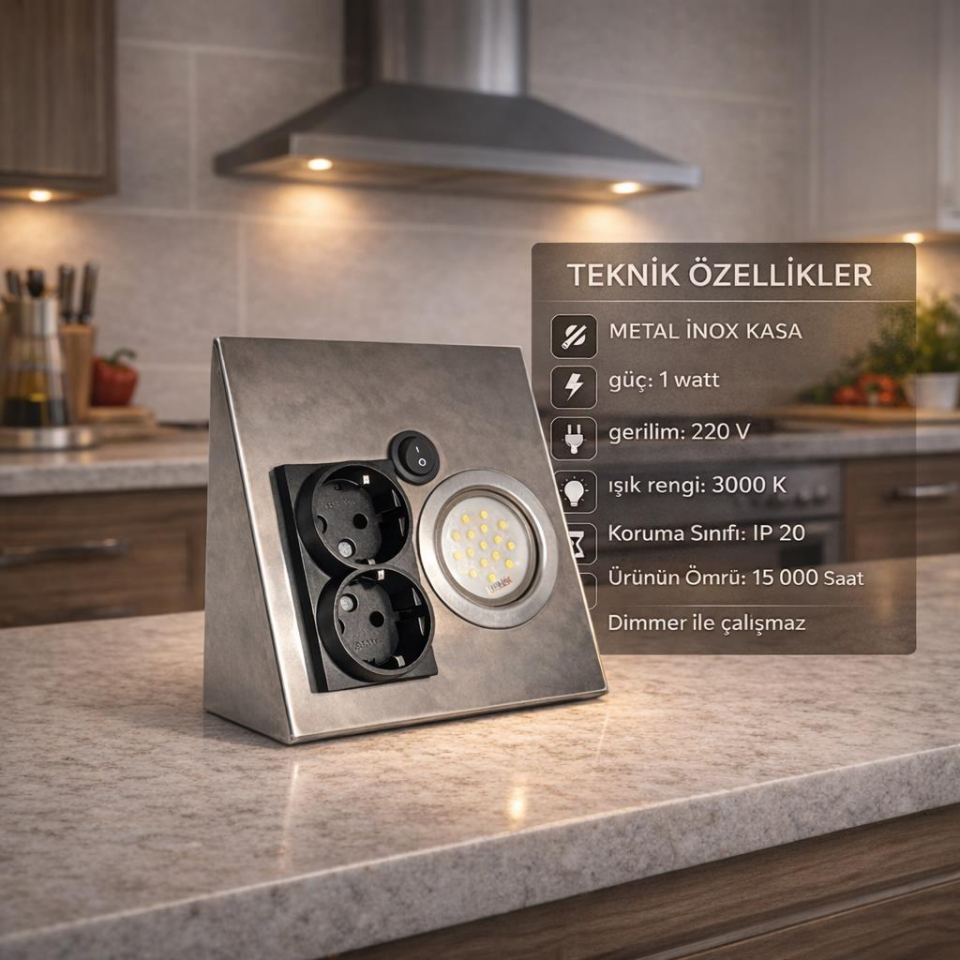Tezgah Altı Prizli LED Aydınlatma Armatürü 3000K Sıcak Işık İnox Metal Kasa 220V Anahtarlı Çift Prizli Kompakt Tasarım
