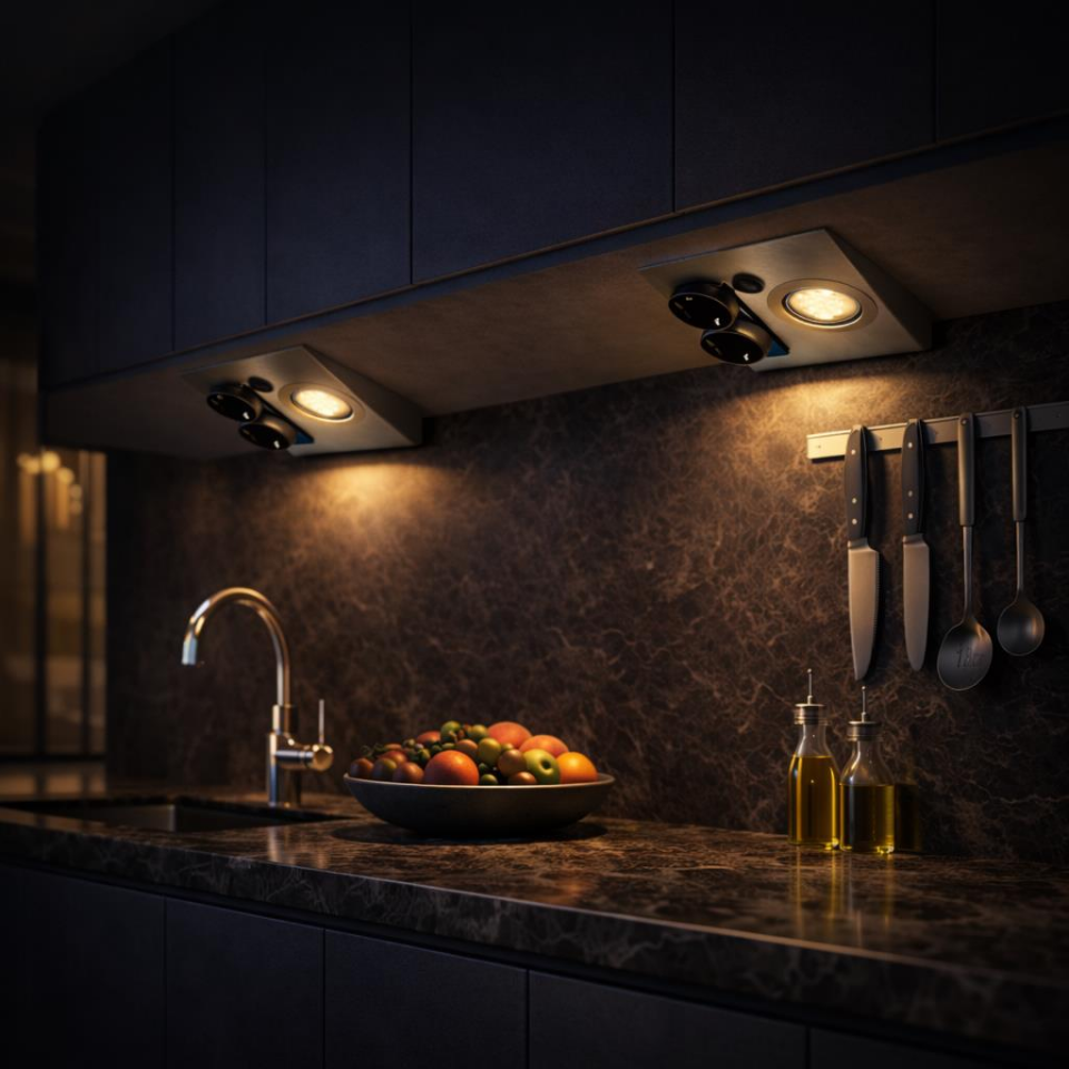 Tezgah Altı Prizli LED Aydınlatma Armatürü 3000K Sıcak Işık İnox Metal Kasa 220V Anahtarlı Çift Prizli Kompakt Tasarım