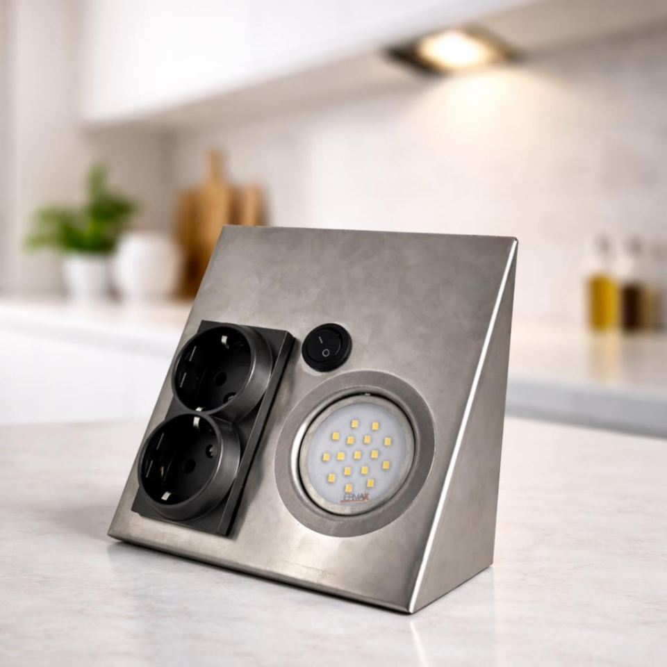 Tezgah Altı Prizli LED Aydınlatma Armatürü 3000K Sıcak Işık İnox Metal Kasa 220V Anahtarlı Çift Prizli Kompakt Tasarım