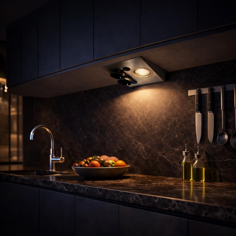 Tezgah Altı Prizli LED Aydınlatma Armatürü 3000K Sıcak Işık İnox Metal Kasa 220V Anahtarlı Çift Prizli Kompakt Tasarım