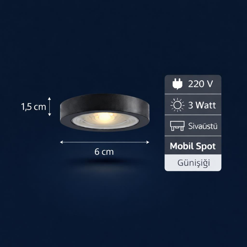 3W LED Sıva Üstü Mini Spot 220V Günışığı – 6 cm Mobil Raf & Dolap Aydınlatma