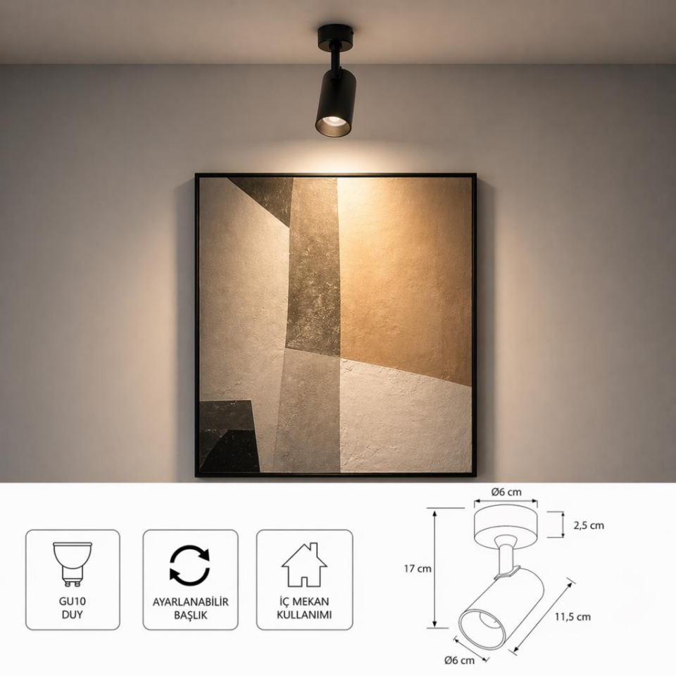 GU10 Duylu Siyah Aplik Spot 3000K Günışığı – Ayarlanabilir Başlık, Modern Şık Tasarım, Tavan ve Duvar Uyumlu İç Mekan Aydınlatma Armatürü