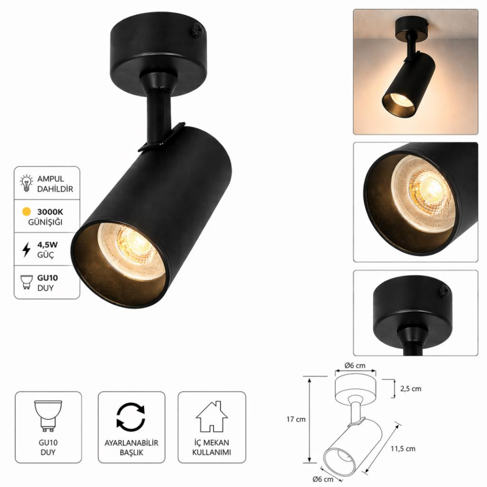 GU10 Duylu Siyah Aplik Spot 3000K Günışığı – Ayarlanabilir Başlık, Modern Şık Tasarım, Tavan ve Duvar Uyumlu İç Mekan Aydınlatma Armatürü