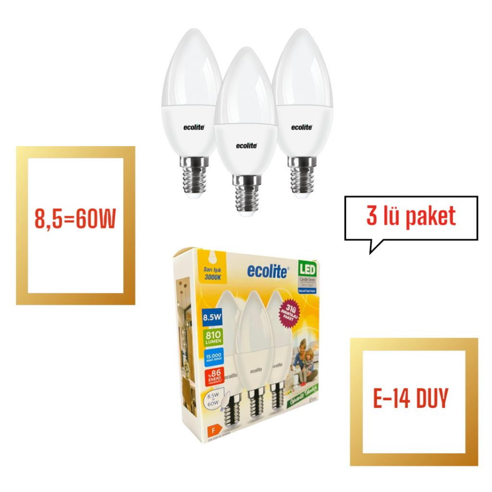 Ecolite 8.5W E14 LED Mum Ampul 3’lü Paket – 3000K Sarı Işık, 810 Lümen, 60W Eşdeğer, Opal Dekoratif
