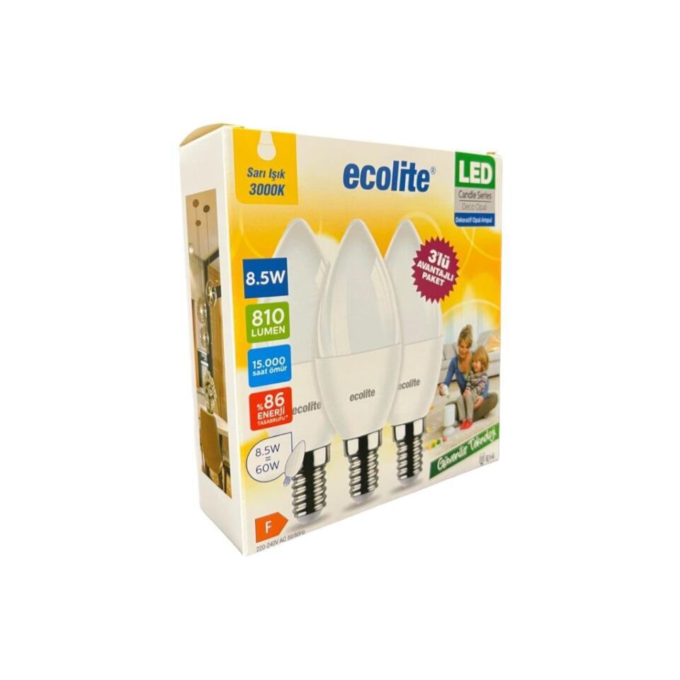 Ecolite 8.5W E14 LED Mum Ampul 3’lü Paket – 3000K Sarı Işık, 810 Lümen, 60W Eşdeğer, Opal Dekoratif