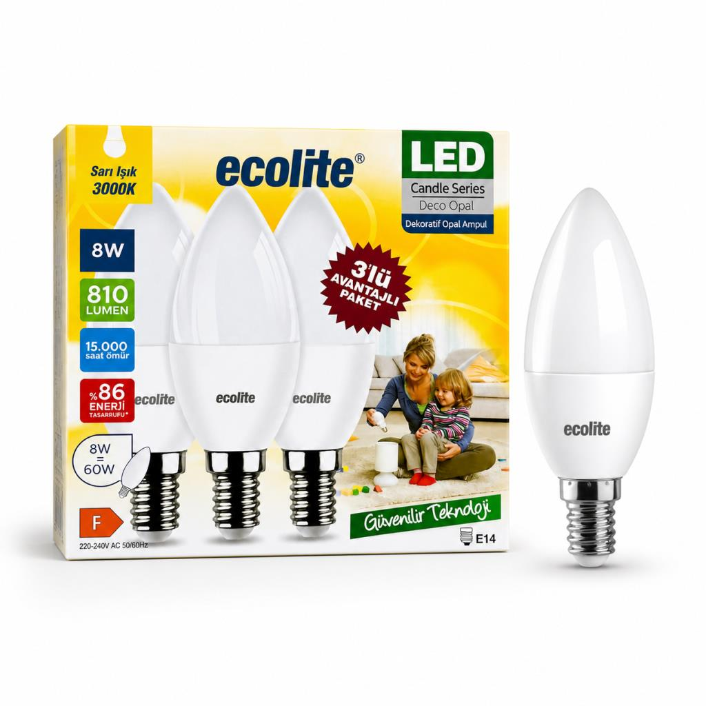 Ecolite 8W LED Mum Ampul 3’lü Paket E14 Duy 3000K Sarı Işık 810 Lümen 60W Eşdeğer Dekoratif Opal Ampul Enerji Tasarruflu