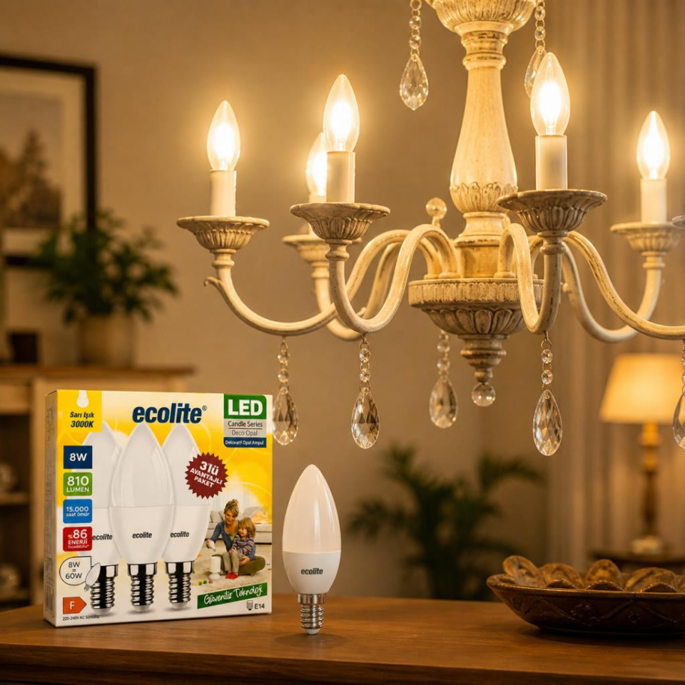 Ecolite 8W LED Mum Ampul 3’lü Paket E14 Duy 3000K Sarı Işık 810 Lümen 60W Eşdeğer Dekoratif Opal Ampul Enerji Tasarruflu