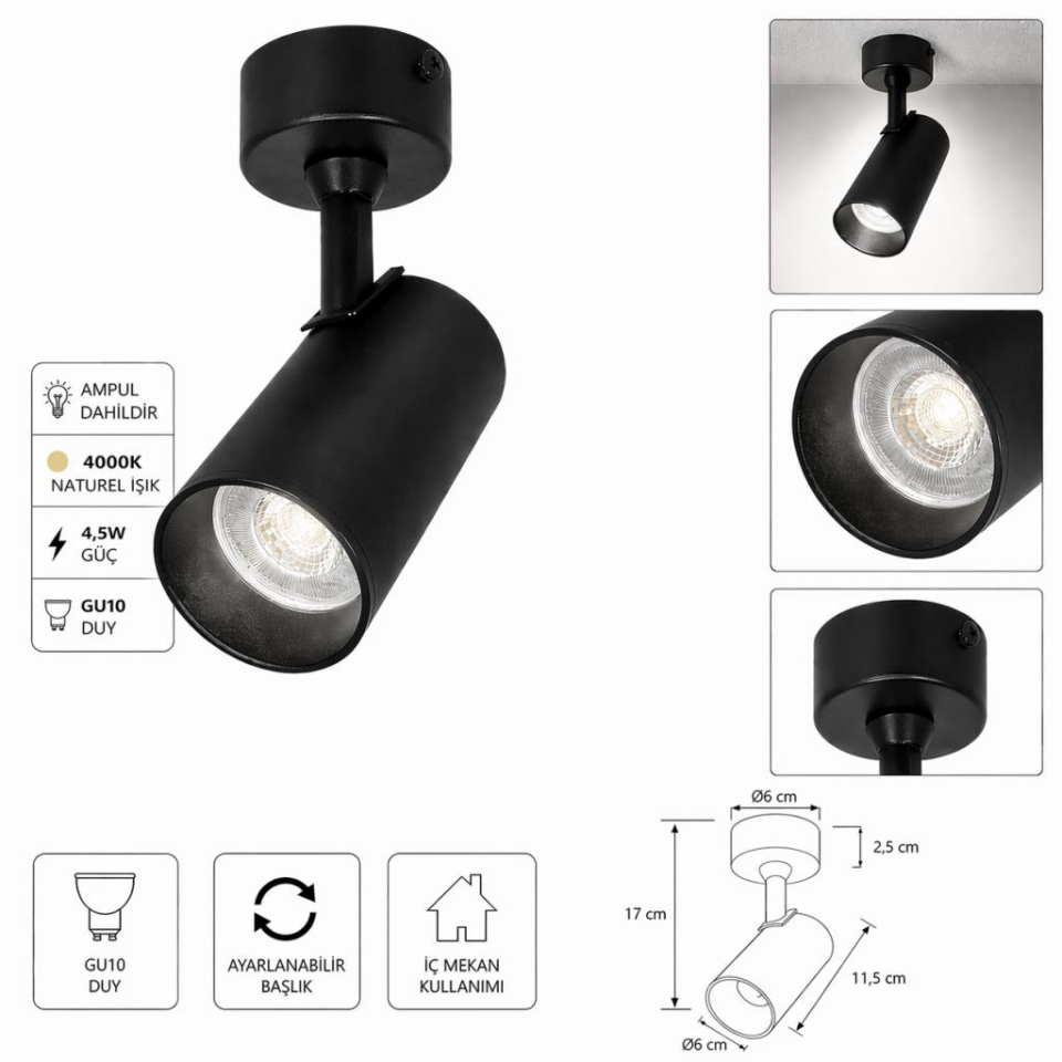 GU10 Duylu Siyah Aplik Spot – 4000K Naturel Işık 4,5W Ampul Dahil, Ayarlanabilir Başlık, Modern Tavan ve Duvar Aydınlatma Armatürü