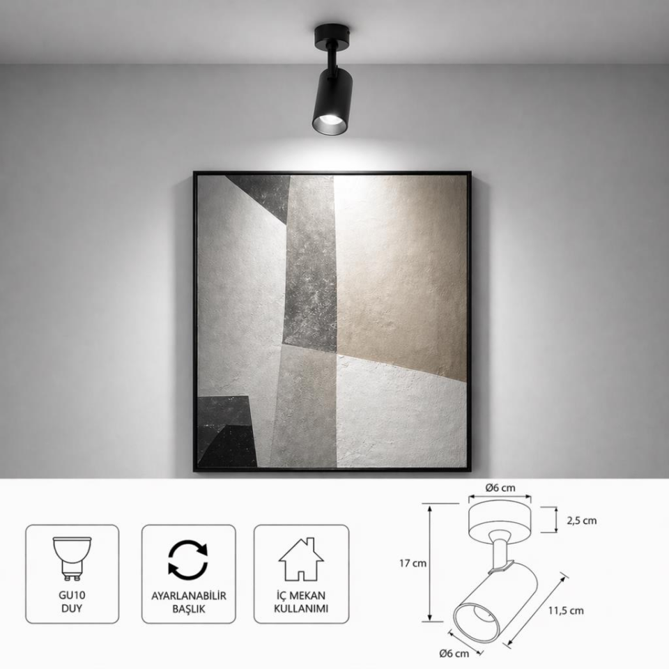GU10 Duylu Siyah Aplik Spot – 4000K Naturel Işık 4,5W Ampul Dahil, Ayarlanabilir Başlık, Modern Tavan ve Duvar Aydınlatma Armatürü