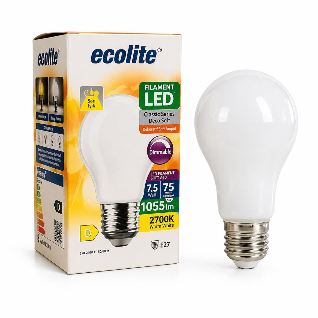 Ecolite 7.5W LED Filament Soft Ampul Dimmer Uyumlu 75W Eşdeğer 2700K Sarı Işık E27 Duy 1055 Lümen