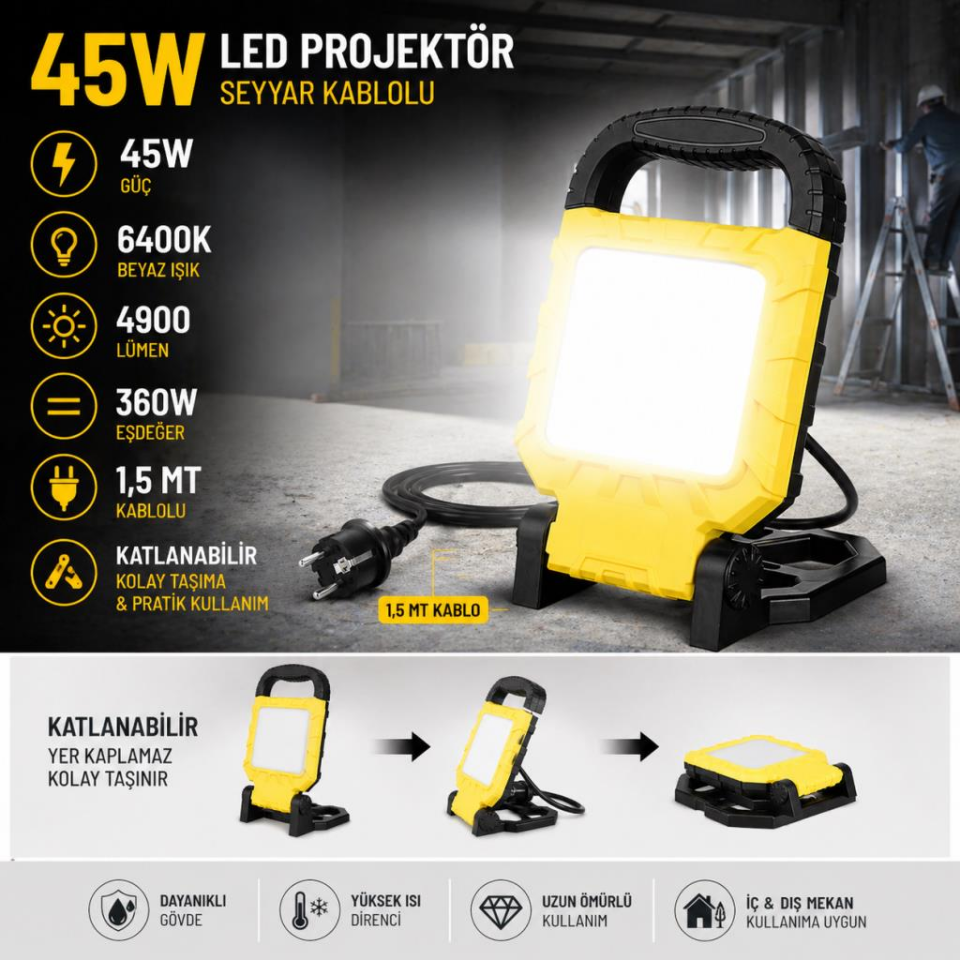 Horoz Seyyar LED Projektör 45W – 6400K Beyaz Işık, 4900 Lümen, 360W Eşdeğer, 1.5 m Kablolu, Katlanabilir Taşınabilir Projektör (220V) 068-015-0045
