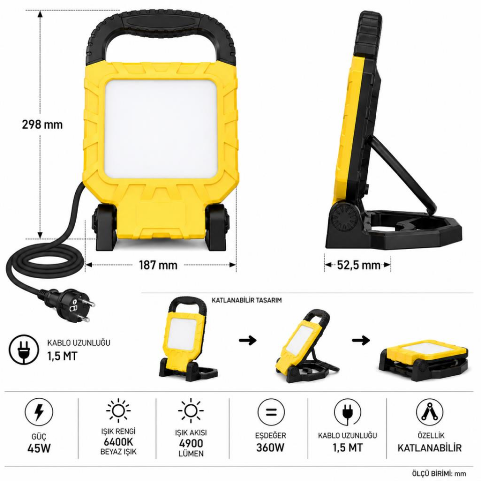 Horoz 068-015-0045 Seyyar LED Projektör 45W – 6400K Beyaz Işık, 4900 Lümen, 360W Eşdeğer, 1.5 m Kablolu, Katlanabilir Taşınabilir Projektör (220V)