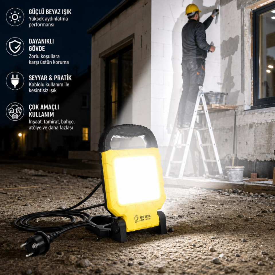 Horoz Seyyar LED Projektör 45W – 6400K Beyaz Işık, 4900 Lümen, 360W Eşdeğer, 1.5 m Kablolu, Katlanabilir Taşınabilir Projektör (220V) 068-015-0045
