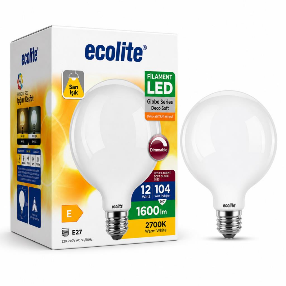 Ecolite G125 Soft LED Ampul 12W (104W Eşdeğer) E27 Duy 2700K Sarı Işık Dimmer Uyumlu 1600 Lümen Dekoratif Büyük Boy Ampul