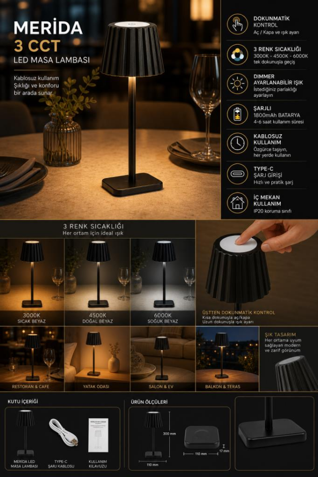 Horoz Merida Siyah Şarjlı LED Masa Lambası 3 CCT Dimmer Dokunmatik Kablosuz Type-C Şarjlı Dekoratif Ambiyans Aydınlatma 38 cm