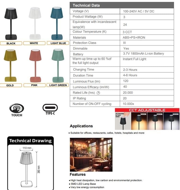 Horoz Merida Siyah Şarjlı LED Masa Lambası 3 CCT Dimmer Dokunmatik Kablosuz Type-C Şarjlı Dekoratif Ambiyans Aydınlatma 38 cm