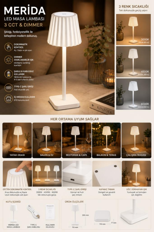 Horoz Merida Beyaz Şarjlı LED Masa Lambası 3 CCT Dimmer Dokunmatik Kablosuz Type-C Şarjlı Minimal Dekoratif Ambiyans Aydınlatma 38 cm