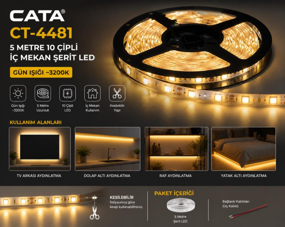 Cata CT-4481 Şerit LED 5 Metre 3200K Gün Işığı İç Mekan LED Şerit 10 Çipli Dekoratif Aydınlatma 12Volt
