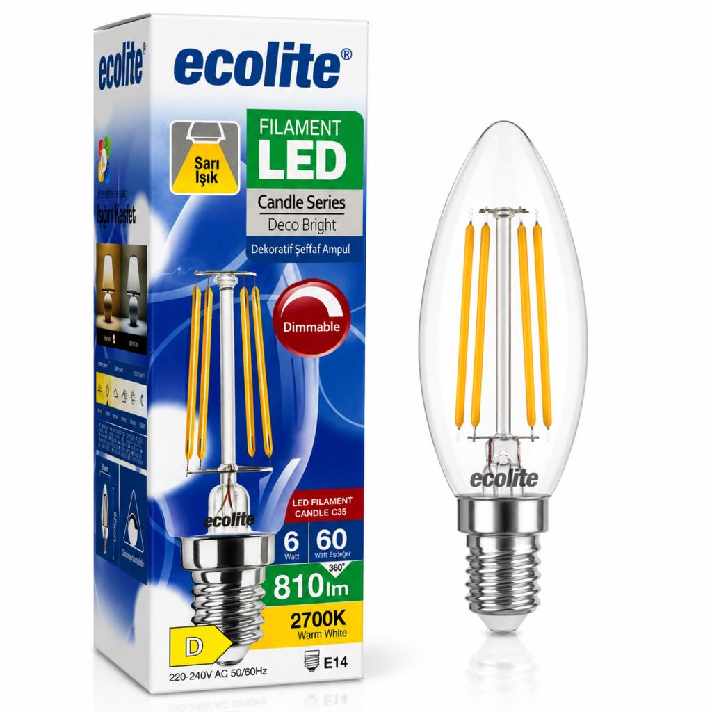 Ecolite Filament LED Mum Ampul E14 Duy 6W 2700K Sarı Işık Dim Edilebilir Şeffaf Dekoratif Ampul 810 Lümen 60W Eşdeğer