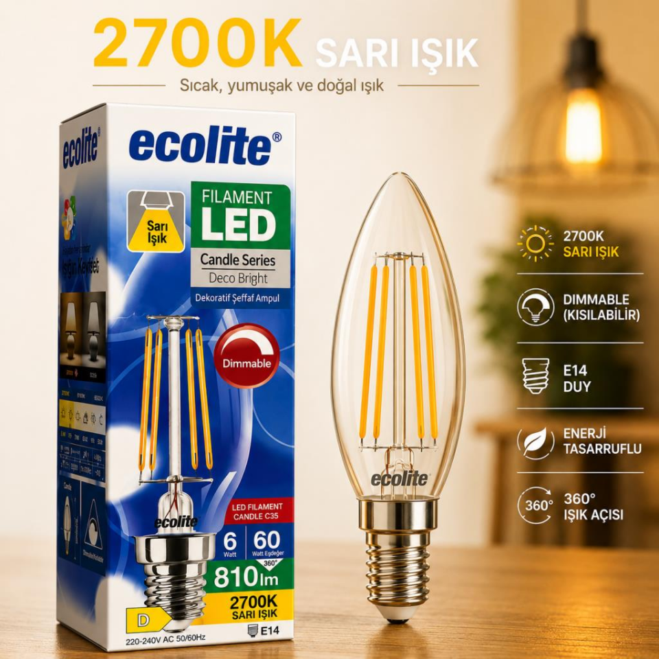 Ecolite Filament LED Mum Ampul E14 Duy 6W 2700K Sarı Işık Dim Edilebilir Şeffaf Dekoratif Ampul 810 Lümen 60W Eşdeğer