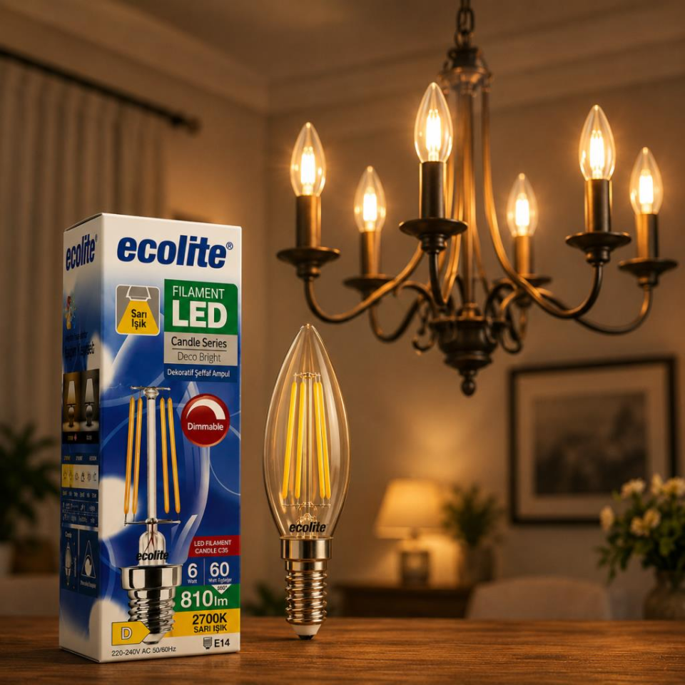 Ecolite Filament LED Mum Ampul E14 Duy 6W 2700K Sarı Işık Dim Edilebilir Şeffaf Dekoratif Ampul 810 Lümen 60W Eşdeğer