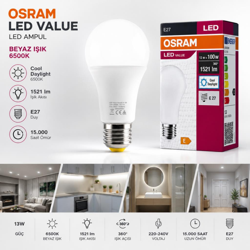 OSRAM LED Value Classic A100 E27 LED Ampul 13W 1521 Lümen 100W Eşdeğeri Beyaz Işık Enerji Tasarruflu Uzun Ömürlü 10'lu Paket